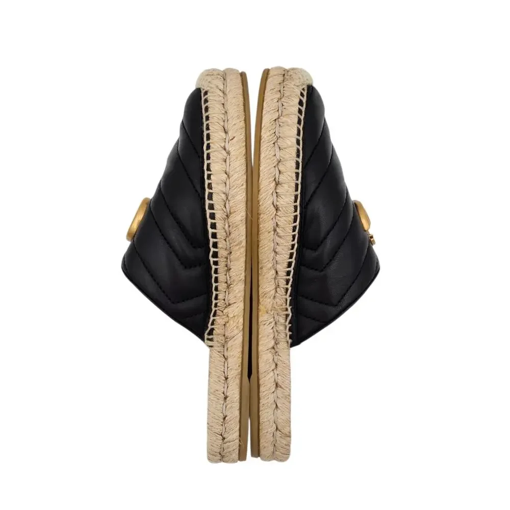 Gucci GG Marmont Black Quilted Leather Espadrille Mule Gold Slide Size 37.5 7.5 - Picture 5 of 10